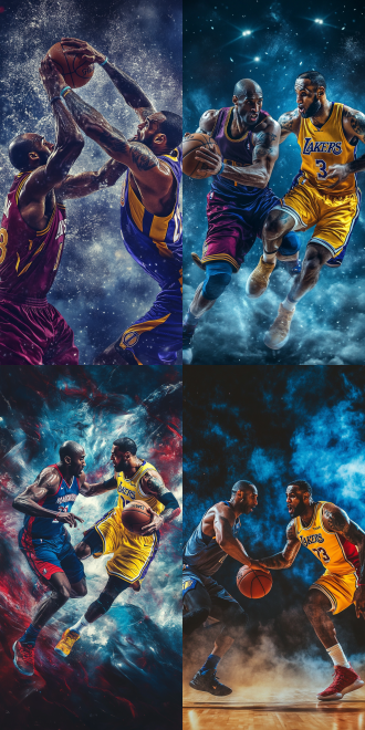 科比和詹姆斯比赛打篮球，高角度视角，动作凌厉，挑战激烈，专注表情，运动服装，灯光聚焦，快速快门，对抗，红色，蓝色，激情，运动摄影风格9：16