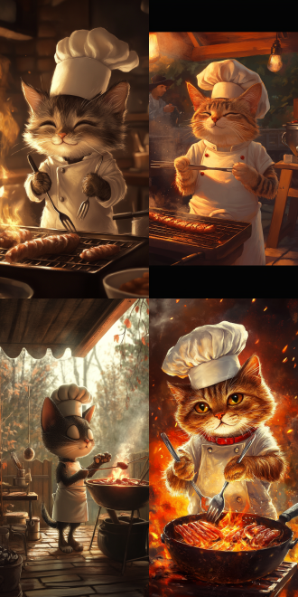 猫咪烧烤，家庭烧烤，暖光，温馨，数字插画, procreate, 猫咪, 厨师帽, 烤肉, 烧烤工具, 毛发, 香气, 数位板.9：16