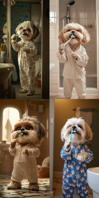 穿着睡衣的拟人化雪纳瑞犬，站在浴室里，爪子里拿着牙刷，打着哈欠开始在镜子前刷牙，睡眼惺忪但带有一丝早晨的愉快，照片写实风格，浴室内部布景，半身姿势构图，9:16。