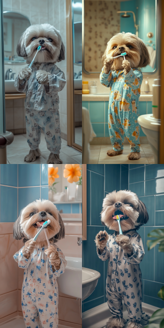 穿着睡衣的拟人化雪纳瑞犬，站在浴室里，爪子里拿着牙刷，打着哈欠开始在镜子前刷牙，睡眼惺忪但带有一丝早晨的愉快，照片写实风格，浴室内部布景，半身姿势构图，9:16。