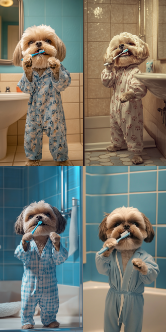 穿着睡衣的拟人化雪纳瑞犬，站在浴室里，爪子里拿着牙刷，打着哈欠开始在镜子前刷牙，睡眼惺忪但带有一丝早晨的愉快，照片写实风格，浴室内部布景，半身姿势构图，9:16。
