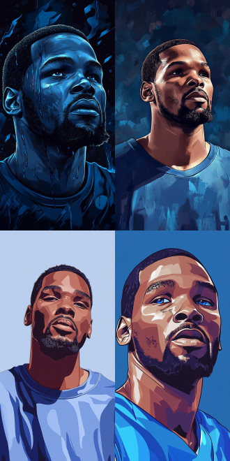 凯文.杜兰特肖像，adobe illustrator，披着丝滑的蓝色，ebay网站，明天，完整图像，2400万像素，流着大大的蓝色眼泪，极其清晰细致，流畅的字体，在其垂死之际，poggers，穿着一件现代蓝色t恤，22岁，凯文.杜兰特，官方艺术作品，号码35！！！9:16。