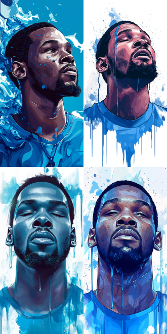 凯文.杜兰特肖像，adobe illustrator，披着丝滑的蓝色，ebay网站，明天，完整图像，2400万像素，流着大大的蓝色眼泪，极其清晰细致，流畅的字体，在其垂死之际，poggers，穿着一件现代蓝色t恤，22岁，凯文.杜兰特，官方艺术作品，号码35！！！9:16。