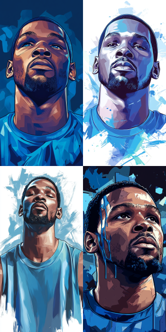 凯文.杜兰特肖像，adobe illustrator，披着丝滑的蓝色，ebay网站，明天，完整图像，2400万像素，流着大大的蓝色眼泪，极其清晰细致，流畅的字体，在其垂死之际，poggers，穿着一件现代蓝色t恤，22岁，凯文.杜兰特，官方艺术作品，号码35！！！9:16。