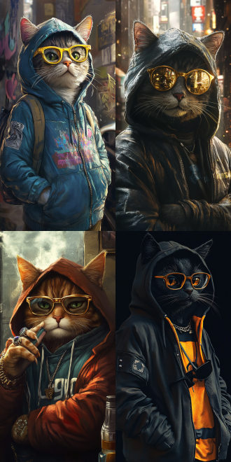 拟人猫• 金色眼镜• 黑帮成员• 曲奇• 锯齿化的• 加载屏幕• 等级• 穿着连帽衫• l·罗莱特• 9:16比例