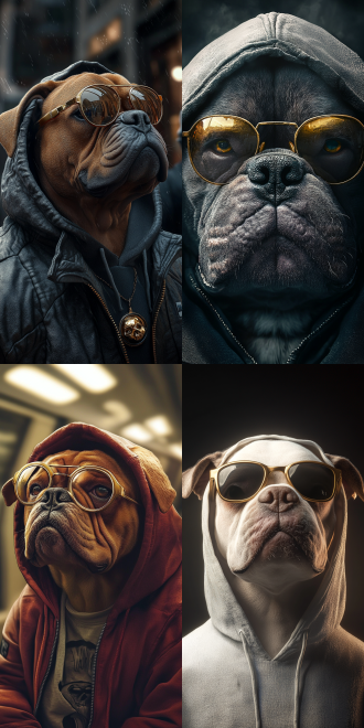 拟人斗牛犬• 金色眼镜• 黑帮成员• 曲奇• 锯齿化的• 加载屏幕• 等级• 穿着连帽衫• l·罗莱特• 9:16比例