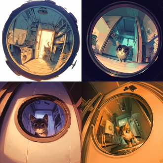 门框里小猫偷看屋内鱼干，鱼眼镜头，中心构图，室内场景，冷色调，柔和光线，窥视动作，好奇。