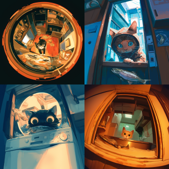 门框里小猫偷看屋内鱼干，鱼眼镜头，中心构图，室内场景，冷色调，柔和光线，窥视动作，好奇。