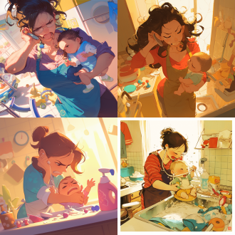 宝妈忙碌，安抚宝宝，宝宝表情不悦，妈妈边打电话边冲奶，牛奶洒落，玩具散乱，艺术感强，细节清晰，广角镜头，室内环境，暖色调，侧光，快速快门，紧张氛围，凌乱美。