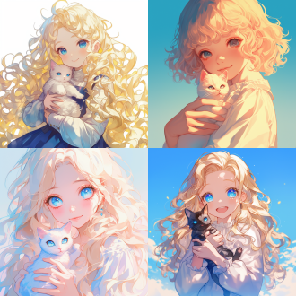 奶白色的淡卷发，湛蓝色的眼睛，圆圆的，手中抱着只小奶猫，脸色洋溢着笑容，小个子，可可爱爱没有脑袋