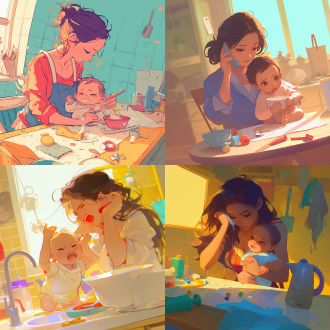 宝妈忙碌，安抚宝宝，宝宝表情不悦，妈妈边打电话边冲奶，牛奶洒落，玩具散乱，艺术感强，细节清晰，广角镜头，室内环境，暖色调，侧光，快速快门，紧张氛围，凌乱美。