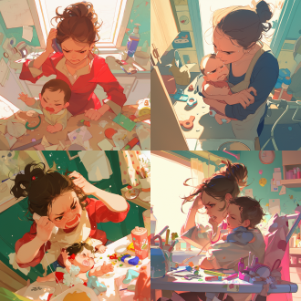 宝妈忙碌，安抚宝宝，宝宝表情不悦，妈妈边打电话边冲奶，牛奶洒落，玩具散乱，艺术感强，细节清晰，广角镜头，室内环境，暖色调，侧光，快速快门，紧张氛围，凌乱美。