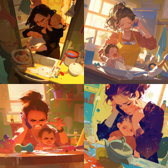 宝妈忙碌，安抚宝宝，宝宝表情不悦，妈妈边打电话边冲奶，牛奶洒落，玩具散乱，艺术感强，细节清晰，广角镜头，室内环境，暖色调，侧光，快速快门，紧张氛围，凌乱美。