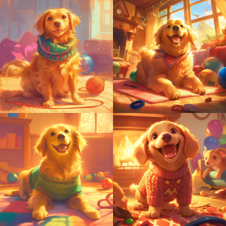 金毛寻回犬,快乐表情,彩色编织地毯,骄傲坐姿,微笑,温暖客厅背景,壁炉火焰,柔和阳光,玩具球,自然光与温暖灯光,土色调,明黄色,橙色,高分辨率,细节清晰,现实与可爱风格,强调眼睛和表情,室内环境,情感表达。 法国斗牛犬,悲伤表情,软枕,头枕爪子,下垂耳朵,卧室角落,蓝色绿色调,照片墙,空水碗,间接柔和灯光,柔和蓝色调,高分辨率,细节清晰,现实与可爱风格,强调眼睛和表情,室内环境,情感表达。 吉娃娃,愤怒表情,后腿站立,耳朵后背,露出牙齿,厨房背景,深色橱柜,黑白方格地板,跌落勺子,单灯强阴影,黑白对比,红色点缀,高分辨率,细节清晰,现实与可爱风格,强调眼睛和表情,室内环境,情感表达。 腊肠犬,惊讶表情,空中跳跃,前爪伸展,嘴巴微张,游戏室背景,彩色玩具,气球,球绳玩具,明亮阳光,鲜艳原色,高分辨率,细节清晰,现实与可爱风格,强调眼睛和表情,室内环境,情感表达。