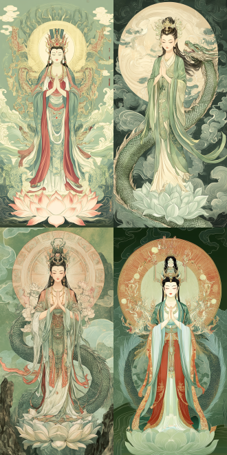 南海观音，史诗全彩插图，巨大的龙作为背景，知识共享署名，大型泡沫考古学，2019年制作，淡绿色背景，天后，大都会的玛丽亚，莫高窟11. 十二臂，网站横幅，站在莲花上的优雅姿态，第40个千年。