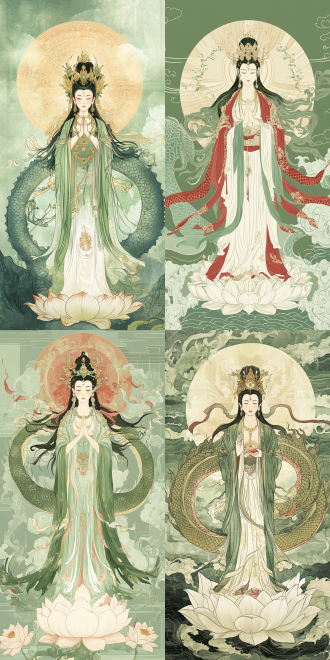 南海观音，史诗全彩插图，巨大的龙作为背景，知识共享署名，大型泡沫考古学，2019年制作，淡绿色背景，天后，大都会的玛丽亚，莫高窟11. 十二臂，网站横幅，站在莲花上的优雅姿态，第40个千年。