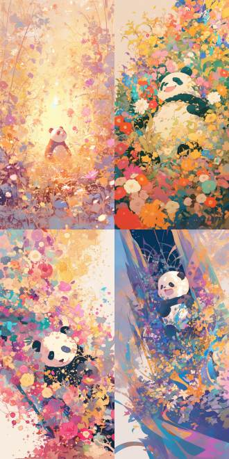 熊猫在花海中心欢笑，远景透视，柔和色彩，户外，标准镜头，顺光，轻盈姿态，花朵，甜美笑容，快乐，抽象派。 抽象派 远景透视