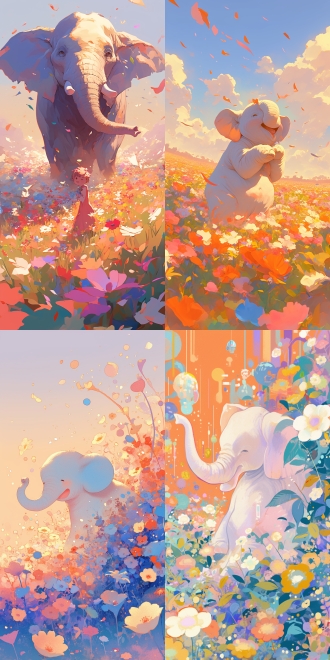 大象在花海中心欢笑，远景透视，户外，柔和色彩，标准镜头，顺光，轻盈姿态，花朵，甜美笑容，抽象派，快乐。 抽象派 远景透视