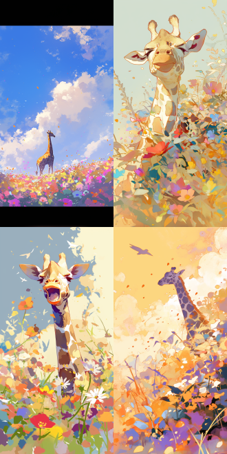 长颈鹿在花海中欢笑，中心构图远景透视，户外，柔和色彩，标准镜头，顺光，轻盈姿态，花朵，甜美的笑容，抽象派，快乐。 抽象派 远景透视