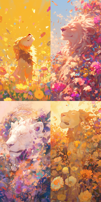 狮子在花海中心欢笑，远景透视，抽象风格，户外，柔和色彩，标准镜头，顺光，轻盈姿态，花朵，甜美笑容，快乐。 抽象派 远景透视