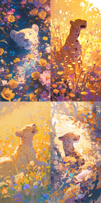 豹子在花海中心欢笑，远景透视，柔和色彩，户外，标准镜头，顺光，轻盈姿态，花朵，甜笑，抽象派，快乐。 抽象派 远景透视