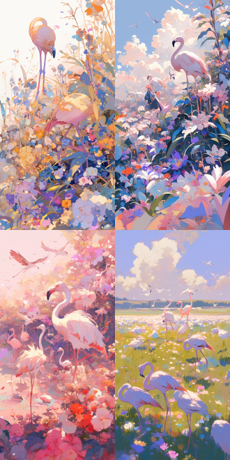 火烈鸟在花海中欢笑，中心构图远景透视，户外，标准镜头顺光，抽象派，轻盈姿态花朵相伴，柔和色彩，甜美笑容，快乐。 抽象派 远景透视