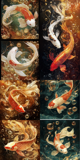 锦鲤，幻想插画封面艺术，双联画，使用魔法平板，并置审美，由christopher moeller创作，金色和红色，水泡，安娜·朗，美丽得难以置信的细节，在artforum上流行。