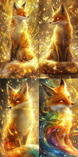 异想天开的狐狸，华丽的金色背景，在pixiv上的现实动漫风格，彩虹色、金色和水晶，官方印刷品，由fiona stephenson创作，收藏卡艺术，海神，九尾狐，锯齿化，仁慈，一切事物不复存在，闪亮柔软的皮毛，升级到高分辨率。