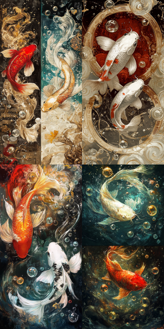 锦鲤，幻想插画封面艺术，双联画，使用魔法平板，并置审美，由christopher moeller创作，金色和红色，水泡，安娜·朗，美丽得难以置信的细节，在artforum上流行。