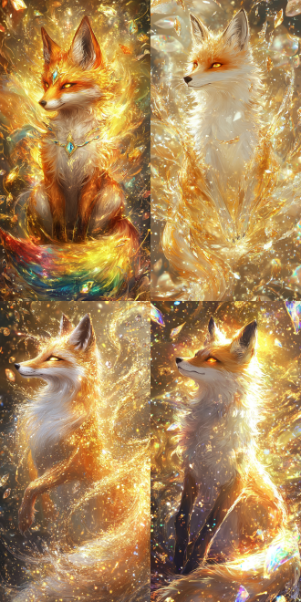 异想天开的狐狸，华丽的金色背景，在pixiv上的现实动漫风格，彩虹色、金色和水晶，官方印刷品，由fiona stephenson创作，收藏卡艺术，海神，九尾狐，锯齿化，仁慈，一切事物不复存在，闪亮柔软的皮毛，升级到高分辨率。