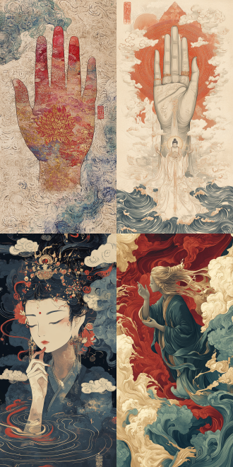 观音手上的小罗汉，细腻笔触，敦煌插画风格，柔软流畅，金箔祥云，涟漪环绕，中国红，靛蓝，细节丰富，色彩鲜艳，神秘感。