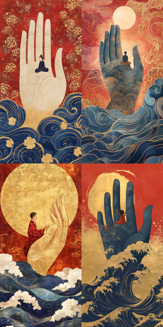 敦煌艺术风格插画，一个非常小的僧侣坐在观音巨大的手上，坐落在连绵起伏的波纹中，极其精致的笔触，柔和而光滑，中国红和靛蓝背景，覆盖着吉祥云纹图案，画在金箔上。