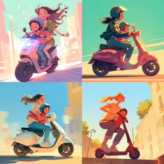 母亲驾驶电动车，后座孩子戴头盔，规范驾驶，快乐表情，简洁线条，城市街道，自然光，标准镜头，动态模糊，亲子互动，温馨氛围，干净背景，手绘涂鸦，漫画，极简主义，高对比度，暖色调，侧光，快速快门，跳跃，紧张。