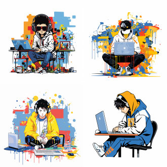 扁平插画，韩式小清新，多巴胺风格，打工的q版打工人在电脑前码字，满脸疲惫，白色背景，以jean-michel basquiat的风格涂鸦，清晰的插图，大胆的线条和纯色，高饱和度颜色，简单的细节，极简主义
