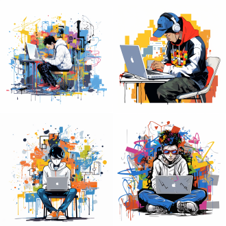 扁平插画，韩式小清新，多巴胺风格，打工的q版打工人在电脑前码字，满脸疲惫，白色背景，以jean-michel basquiat的风格涂鸦，清晰的插图，大胆的线条和纯色，高饱和度颜色，简单的细节，极简主义