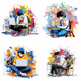 扁平插画，韩式小清新，多巴胺风格，打工的q版打工人在电脑前码字，满脸疲惫，白色背景，以jean-michel basquiat的风格涂鸦，清晰的插图，大胆的线条和纯色，高饱和度颜色，简单的细节，极简主义