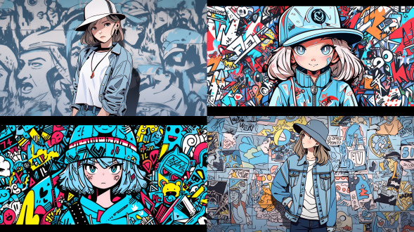 可爱q版女孩，淡蓝色牛仔装戴牛仔帽，基思·哈林风格涂鸦，夏普笔插画，极简风，粗线条，颓废美，混合图案，文字表情符号装置，8k高分辨率，正脸，暖光。