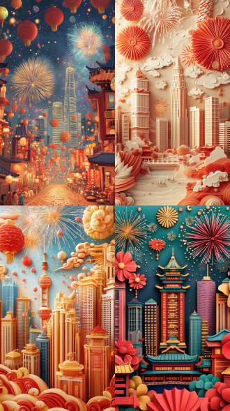 插画立体浮雕，中国风格，元旦喜庆场景，背景烟花璀璨，高楼林立，广角镜头，自然光，暖色调，细节丰富，欢快，喜悦