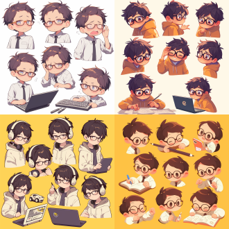 a cute chinese boy,wear glasses,working,sheet of cute boy stickers,ui design,icon interfaces,multiple poss and expressions.