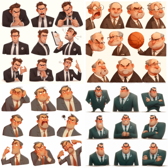 一个穿着西装打着领带的篮球教练，多种姿势和表情，高兴，生气，可爱，期待，失望，惊讶、无语，暴躁、愤怒，白色背景、插画、3d、皮克斯风格，9宫格布局、整齐排列、尺寸:1：1