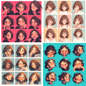 生成不同的表情包，多种姿势和表情，不同的情绪，包括快乐、愤怒、悲伤、哭泣、可爱、期待、笑、失望、无聊，礼貌微笑