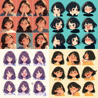 生成不同的表情包，多种姿势和表情，不同的情绪，包括快乐、愤怒、悲伤、哭泣、可爱、期待、笑、失望、无聊，礼貌微笑