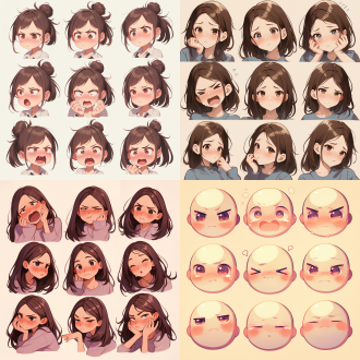 生成不同的表情包，多种姿势和表情，不同的情绪，包括快乐、愤怒、悲伤、哭泣、可爱、期待、笑、失望、无聊，礼貌微笑