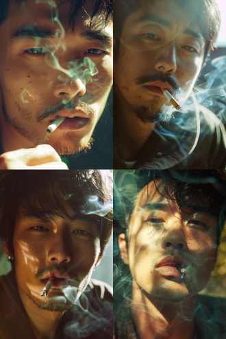 a close-up photo of 1 asian man, with a cigarette casually held between his lips, looking directly at the camera. the image features lens aberrations, color negative effect, and sunlight casting intricate shadows on his face, creating a mood reminiscent of instant film style captured on kodak max 100 color negative film. the scene is further enhanced by the addition of noise and grain, with the smoke from the cigarette adding a layer of mystique as it wreathes through the sunlight.