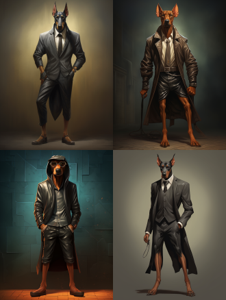一只杜宾犬，拟人化的表情，站姿，穿着时尚的服装，鞋子