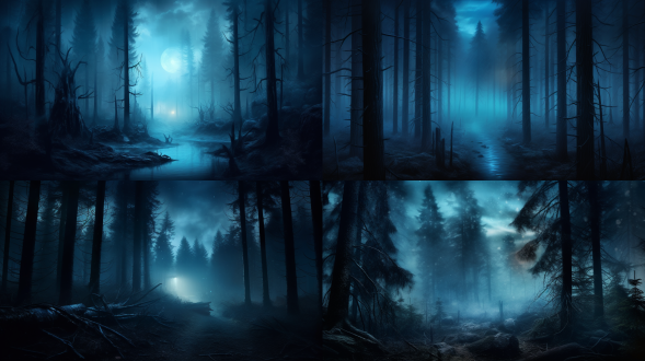 黑暗魔法神秘夜晚，蓝色月光穿过迷雾森林中的云杉树