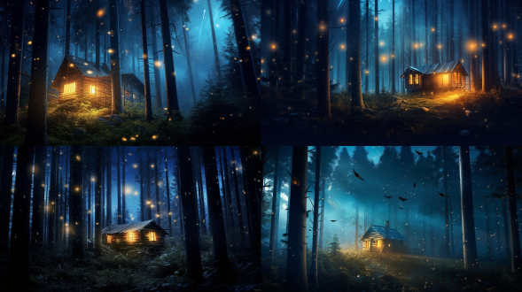 黑暗魔法神秘夜晚，蓝色月光穿过迷雾森林中的云杉树，林中小屋窗口暖光 夜间森林中翩翩起舞的萤火虫的抽象而神奇的形象。童话故事的概念。
