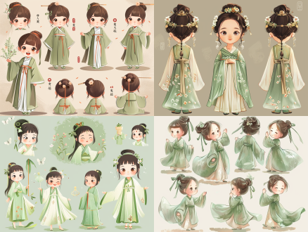 the little girl dressed in a light green chiffon dress is the summer attire of the tang dynasty in china. she has a smiling face and a lively character design, chinese painting, cute, modest, classical style, emoticon, 9 emoticons, happy, smile, sad, serious, emoticon table, various postures and expressions, different emotions, various postures and expressions.,,in clothes