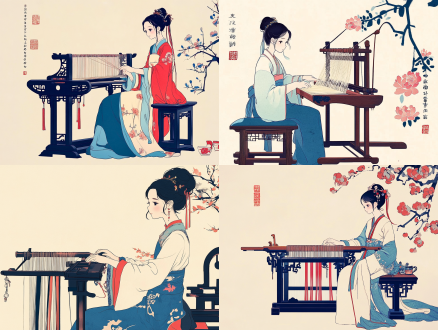 女孩坐织布机前凳子上织布，木制机缠丝线，中国古风，复古线描，简单线条，纯色背景，中景镜头，顶光，安静专注。