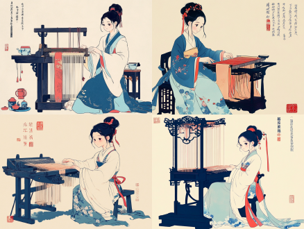 一个女孩坐在织布机前的凳子上织布，木制纺织机，织布机上面缠绕着丝线，中国古风人物，复古线描，简单线条风格，干净的背景，简单纯色背景,